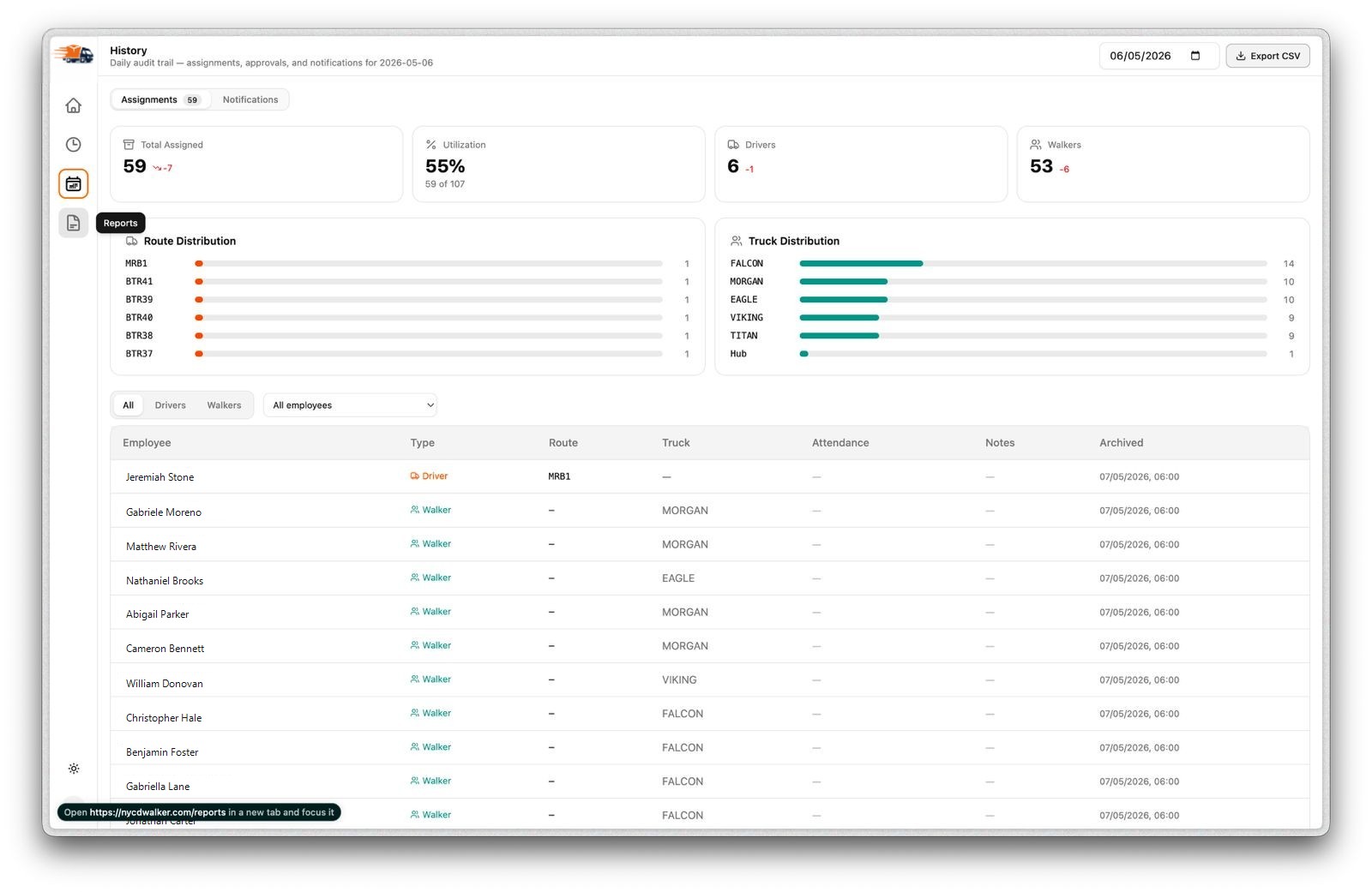 History and reporting preview with sample names