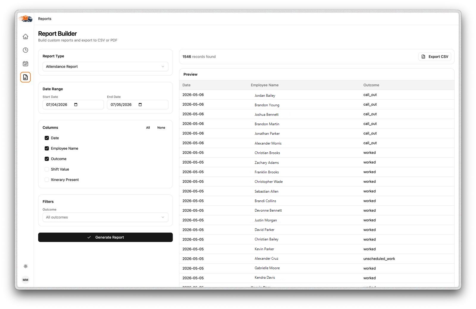 Report builder preview with sample names